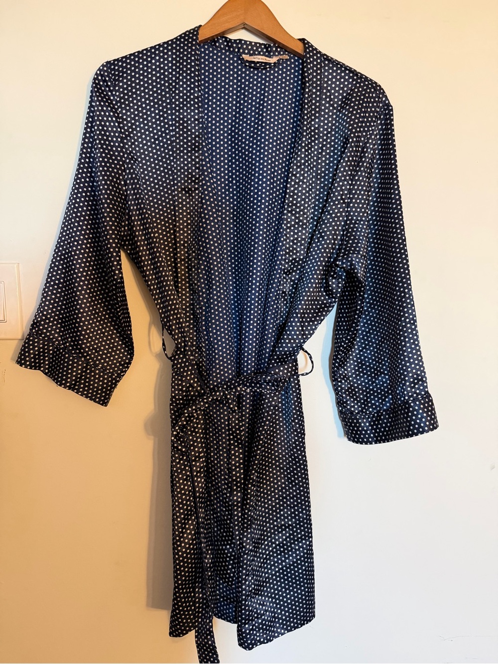 La Vie En Rose Navy and White Polka Dot Satin Robe